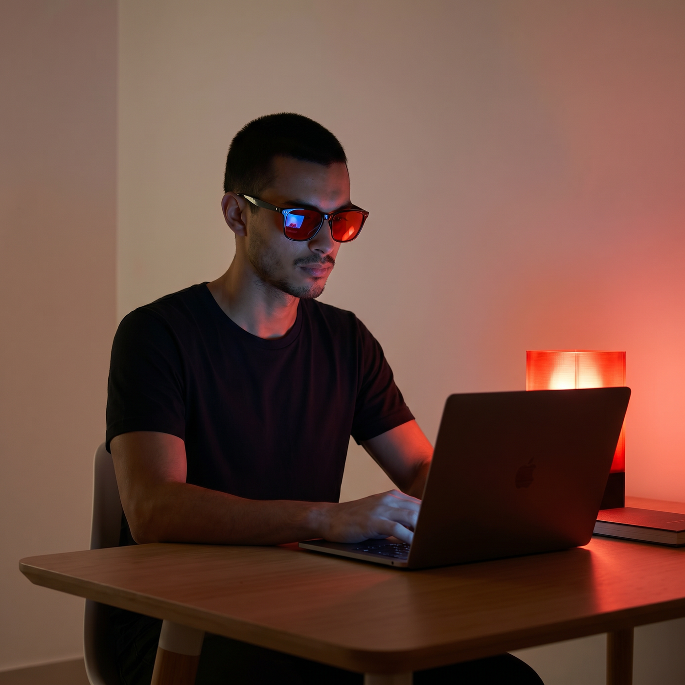 Pessoa relaxada à noite usando os óculos, ambiente calmo e real